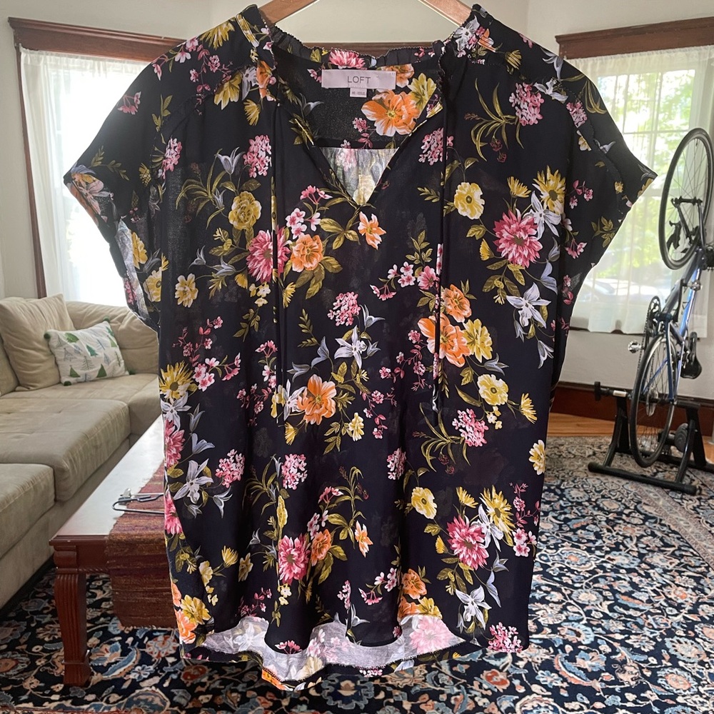 Loft Dark Floral Ruffle Hem Blouse